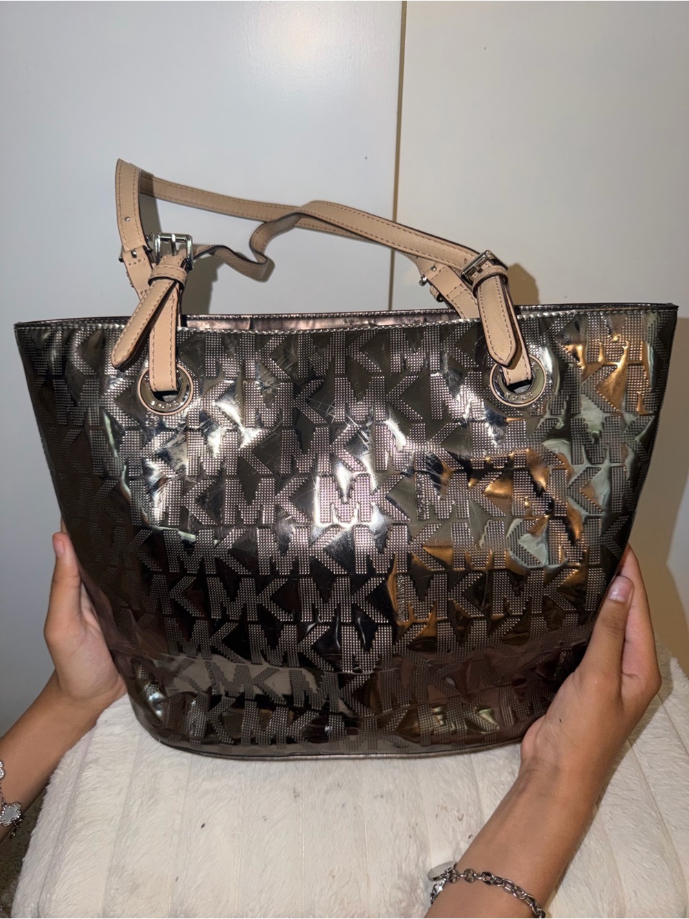 Michael Kors Metallic Brown Logo Shoulder Tote with Tan Handles